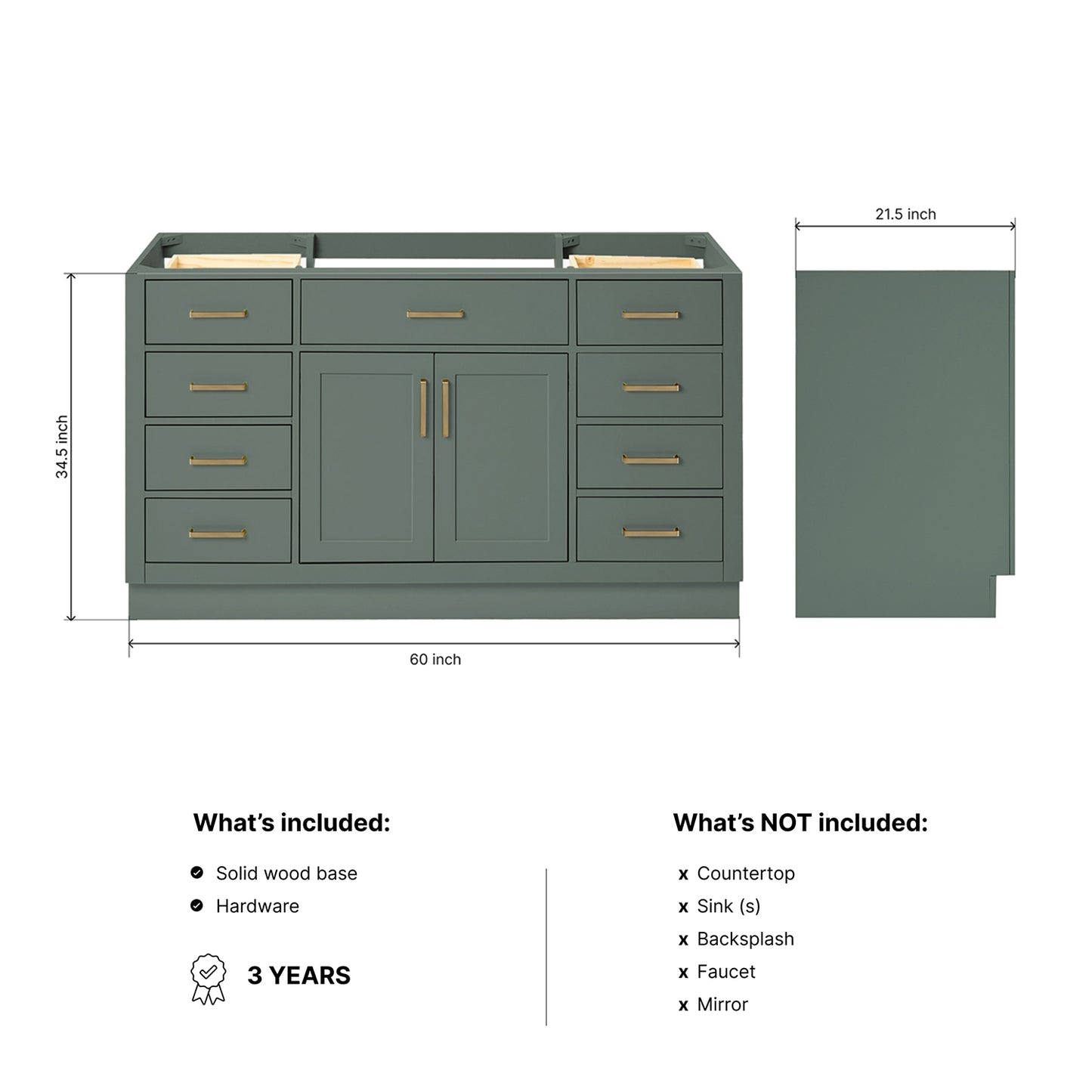 Isabella 60-inch Vintage Green base cabinet on dimensions