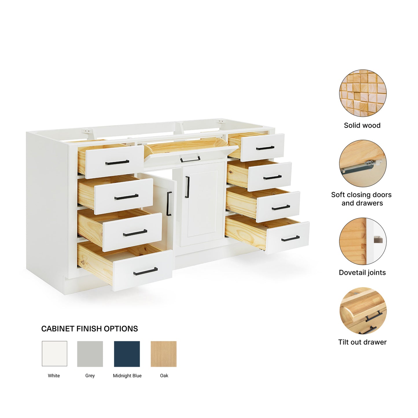 Isabella 60-inch White base cabinet on feature highlights: solid wood frame, soft-close doors and drawers, Sherwin-Williams paint finish