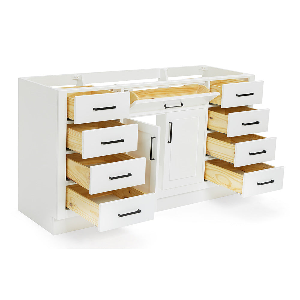 Isabella 60-inch White base cabinet on white back ground side view open door