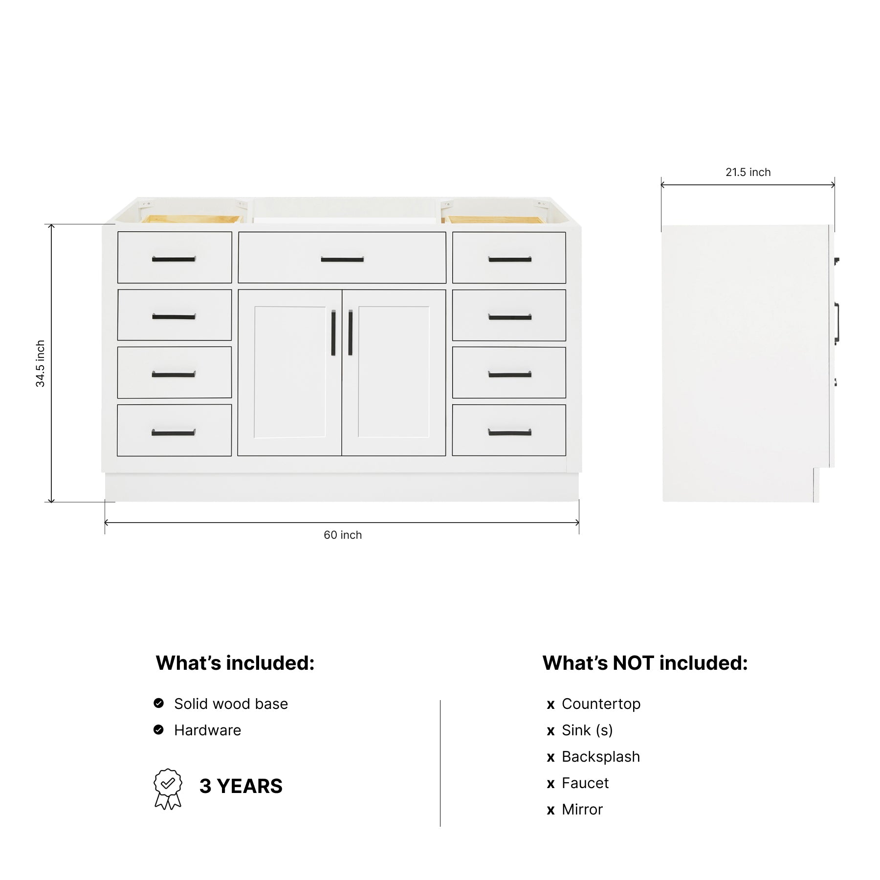 Isabella 60-inch White base cabinet on dimensions