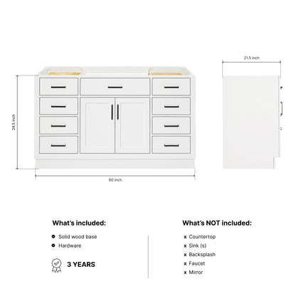 Isabella 60-inch White base cabinet on dimensions
