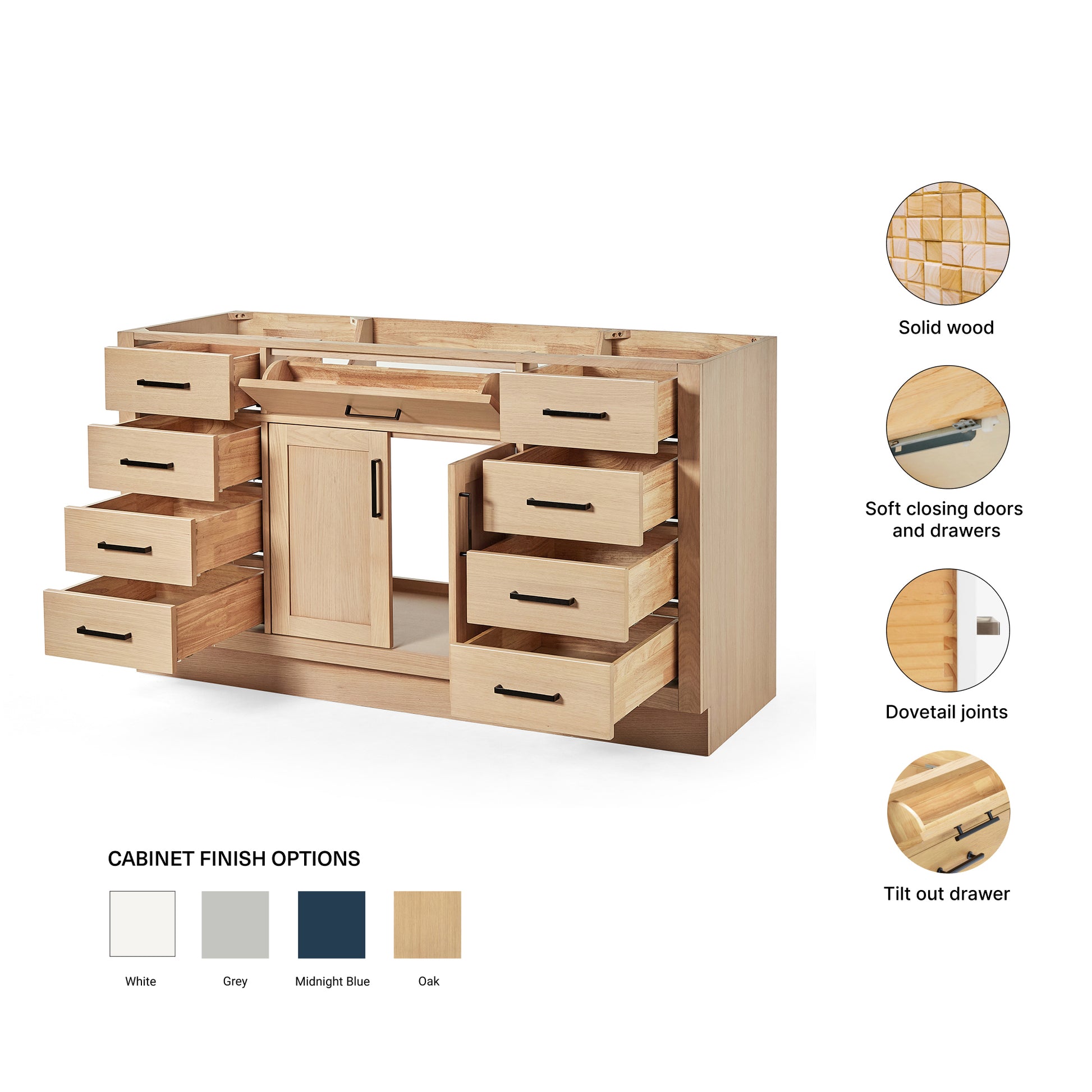 Isabella 60-inch Natural Oak base cabinet on feature highlights: solid wood frame, soft-close doors and drawers, Sherwin-Williams paint finish