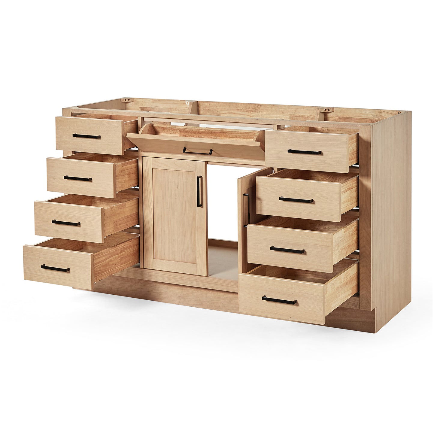 Isabella 60-inch Natural Oak base cabinet on white back ground side view open door