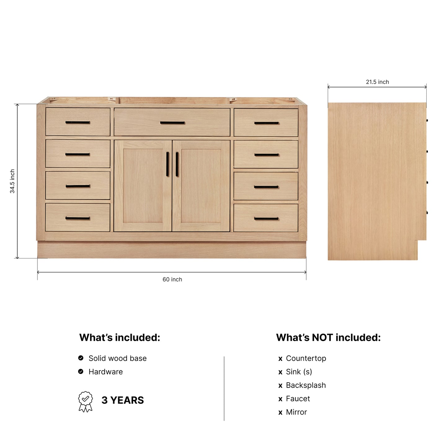 Isabella 60-inch Natural Oak base cabinet on dimensions