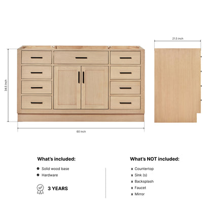 Isabella 60-inch Natural Oak base cabinet on dimensions