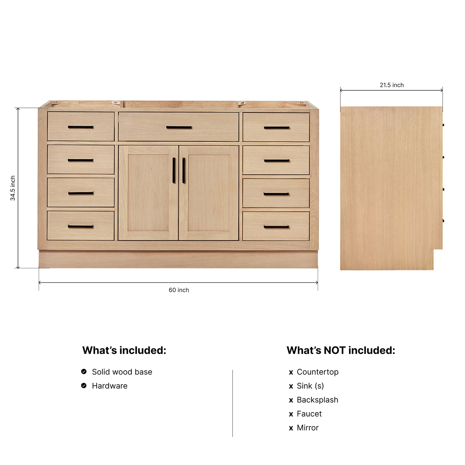 Isabella 60-inch Natural Oak base cabinet on dimensions