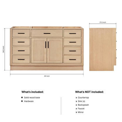 Isabella 60-inch Natural Oak base cabinet on dimensions