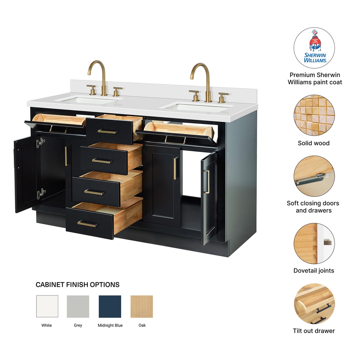 Isabella 60-Inch Black bathroom vanity – feature highlights: solid wood frame, soft-close doors and drawers, Sherwin-Williams paint finish
