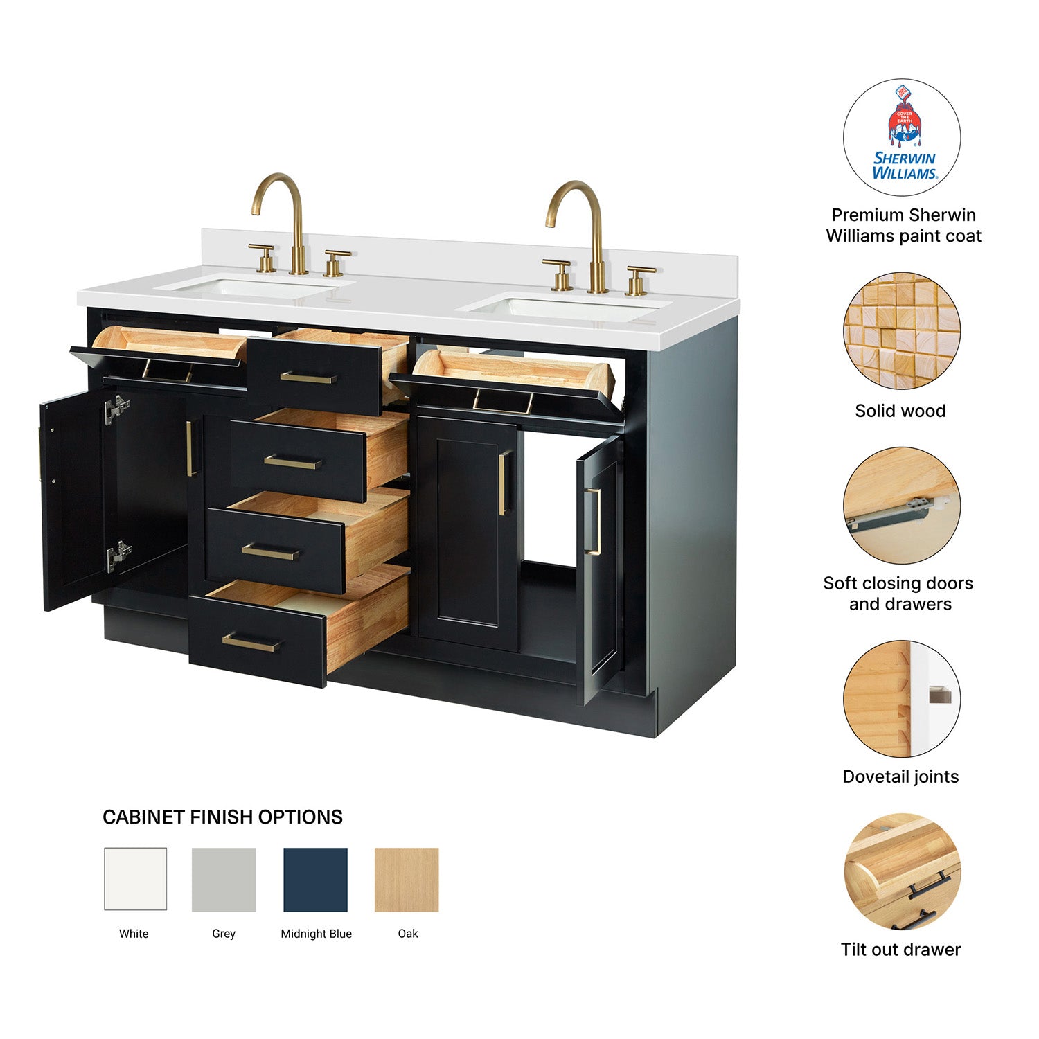 Isabella 60-Inch Black bathroom vanity – feature highlights: solid wood frame, soft-close doors and drawers, Sherwin-Williams paint finish