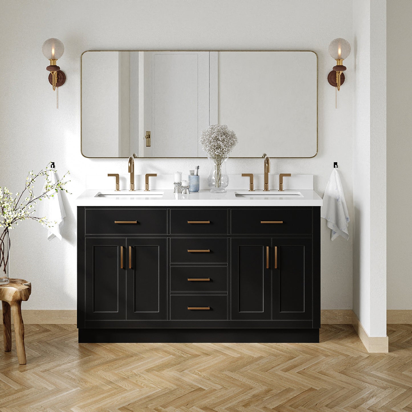 Isabella 60-Inch Black bathroom vanity in styled bathroom setting