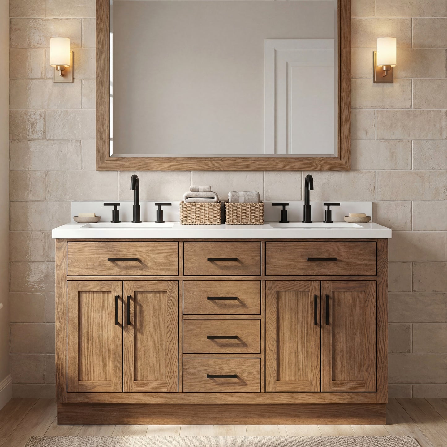 Isabella 60-Inch Brown Oak bathroom vanity in styled bathroom setting