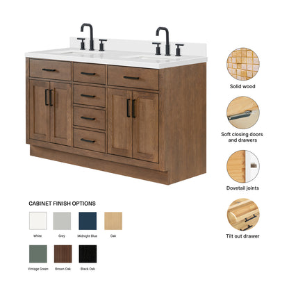 Isabella 60-Inch Brown Oak bathroom vanity – feature highlights: solid wood frame, soft-close doors and drawers, Sherwin-Williams paint finish
