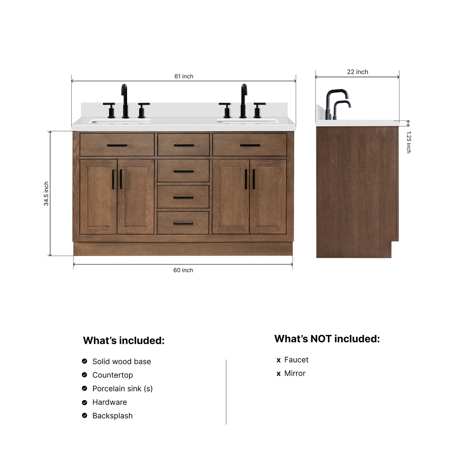 Isabella 60-Inch Brown Oak bathroom vanity dimensions