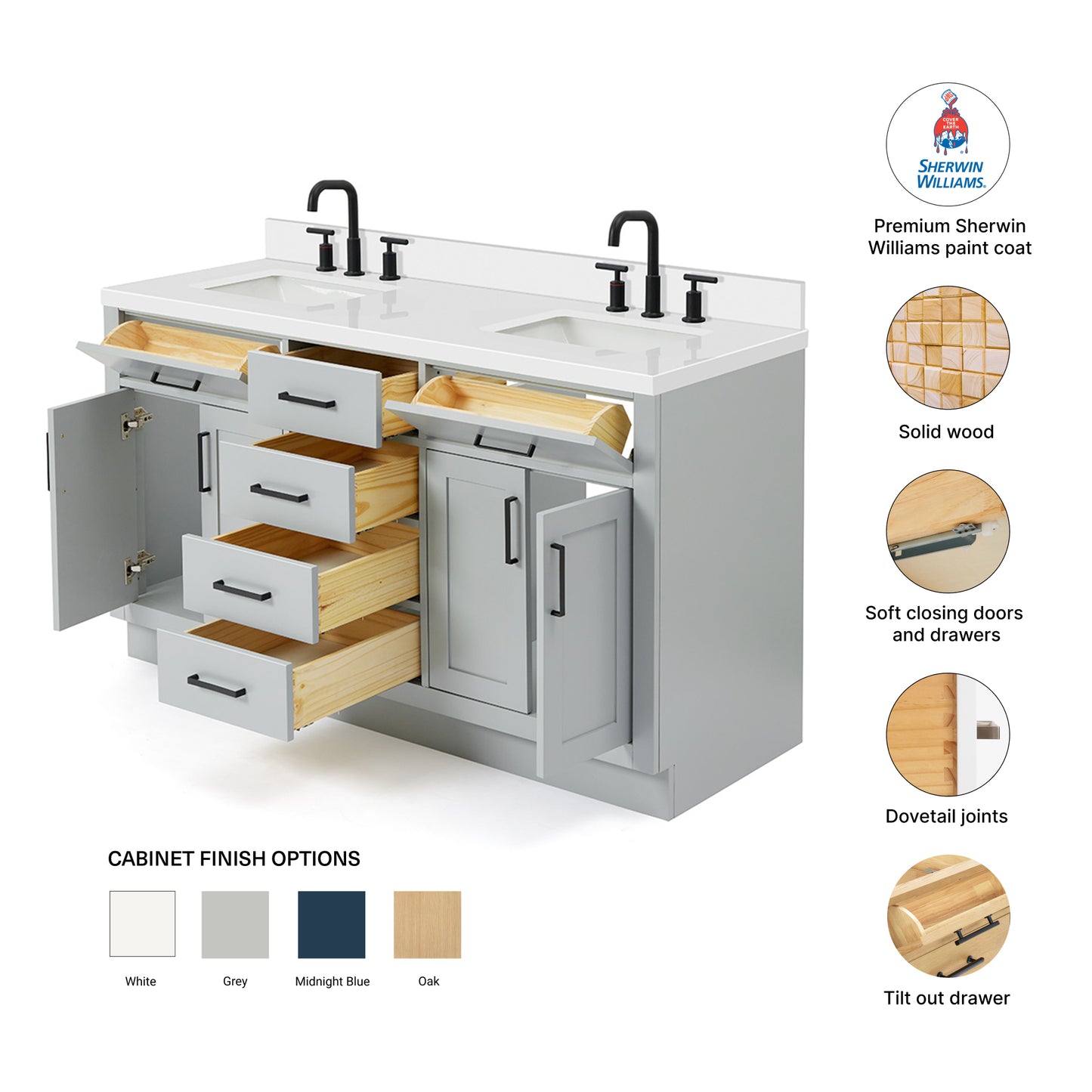Isabella 60-Inch Grey bathroom vanity – feature highlights: solid wood frame, soft-close doors and drawers, Sherwin-Williams paint finish