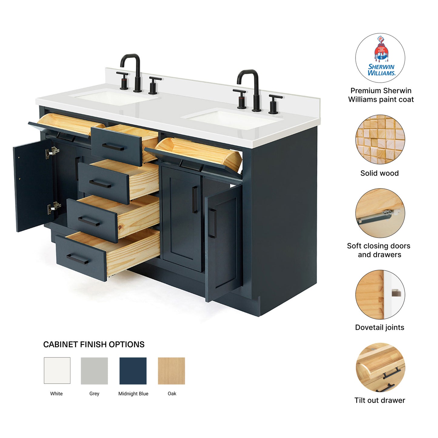 Isabella 60-Inch Midnight Blue bathroom vanity – feature highlights: solid wood frame, soft-close doors and drawers, Sherwin-Williams paint finish