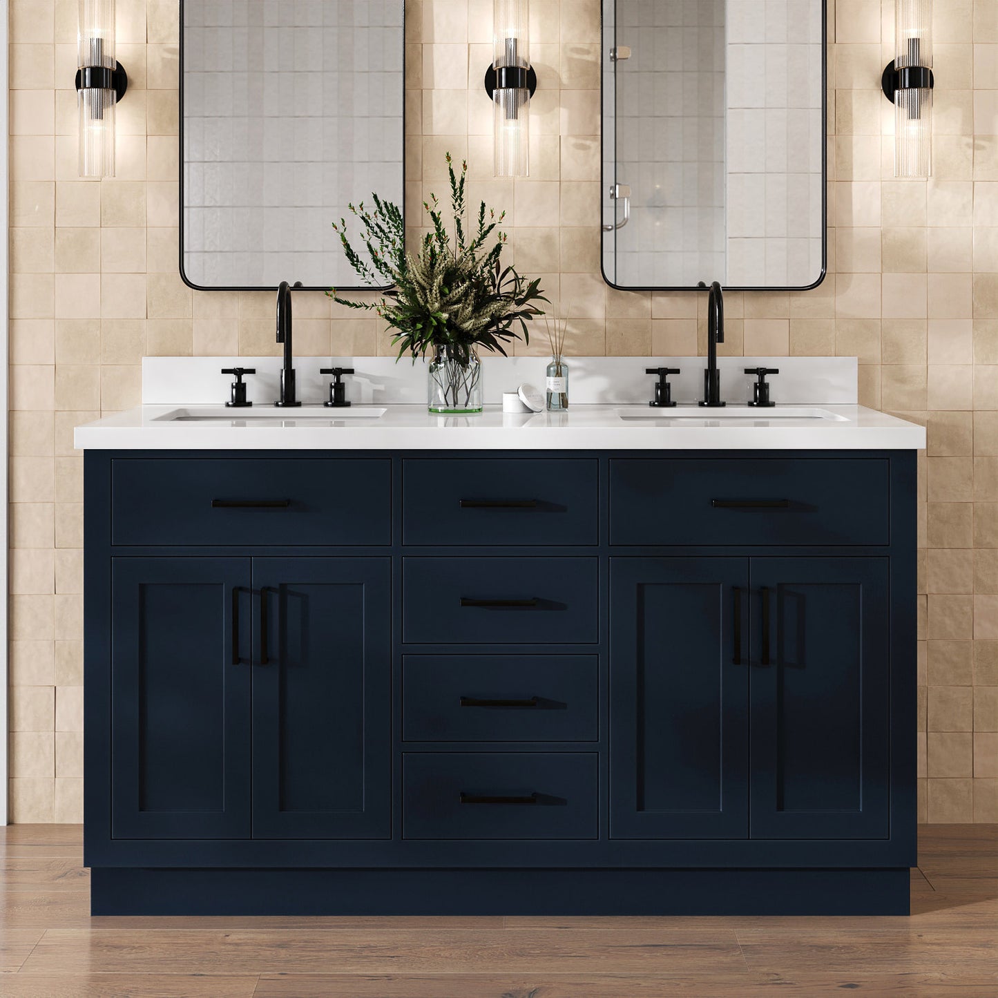 Isabella 60-Inch Midnight Blue bathroom vanity in styled bathroom setting