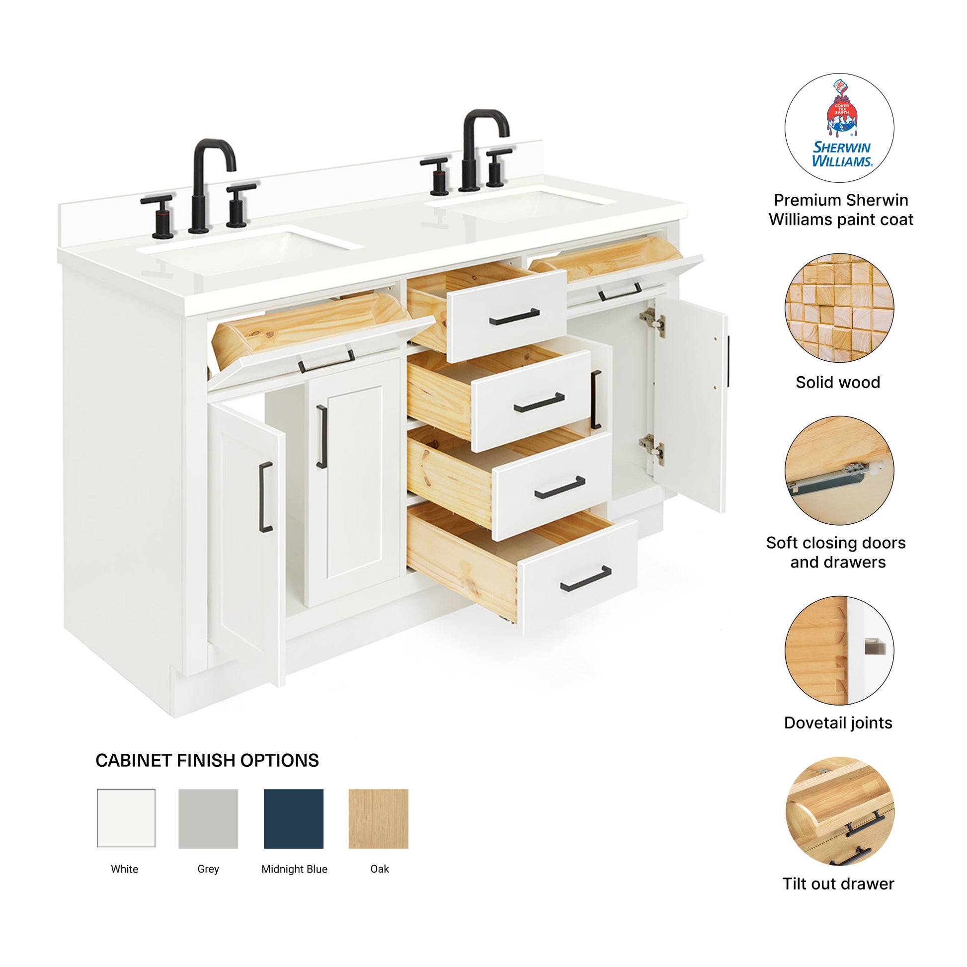 Isabella 60-Inch White bathroom vanity – feature highlights: solid wood frame, soft-close doors and drawers, Sherwin-Williams paint finish