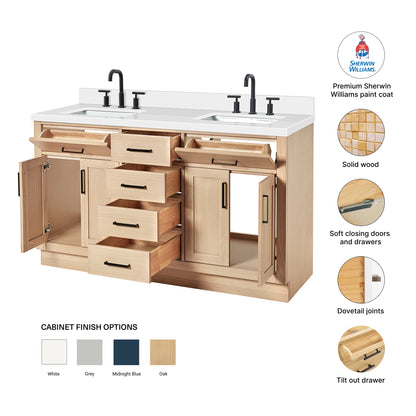 Isabella 60-Inch White Oak bathroom vanity – feature highlights: solid wood frame, soft-close doors and drawers, Sherwin-Williams paint finish