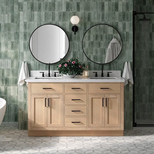 Isabella 60-Inch White Oak bathroom vanity in styled bathroom setting