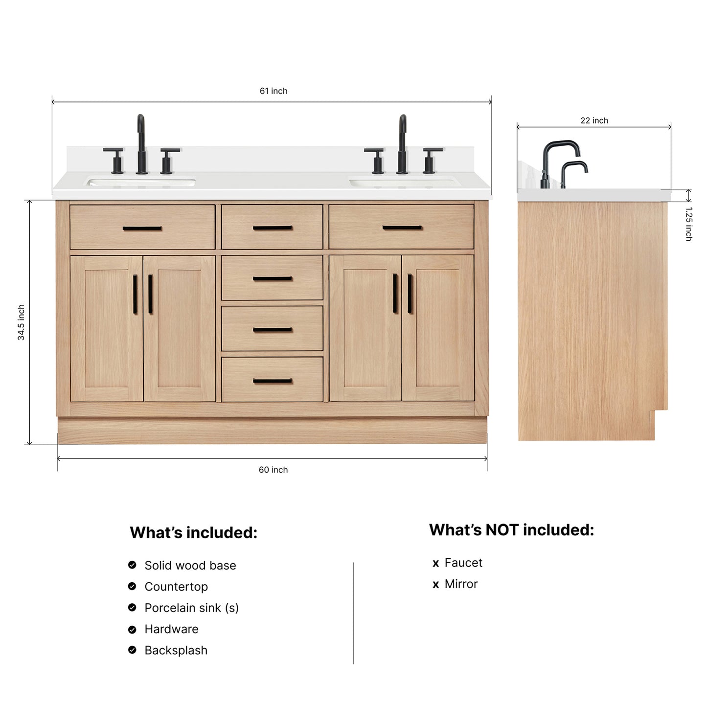 Isabella 60-Inch White Oak bathroom vanity dimensions
