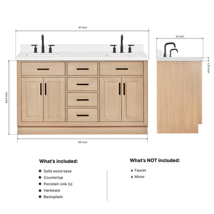 Isabella 60-Inch White Oak bathroom vanity dimensions