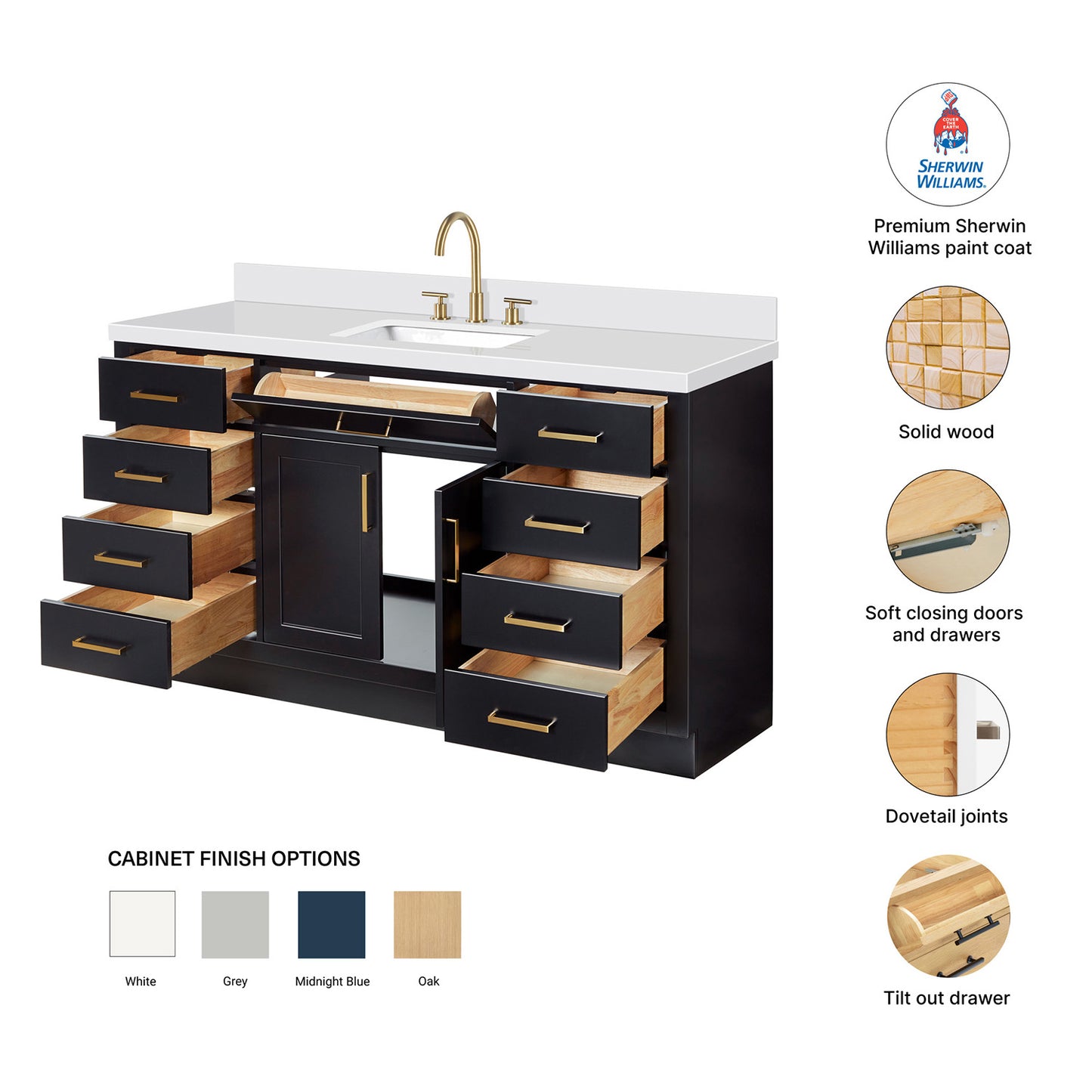 Isabella 60-Inch Black bathroom vanity – feature highlights: solid wood frame, soft-close doors and drawers, Sherwin-Williams paint finish