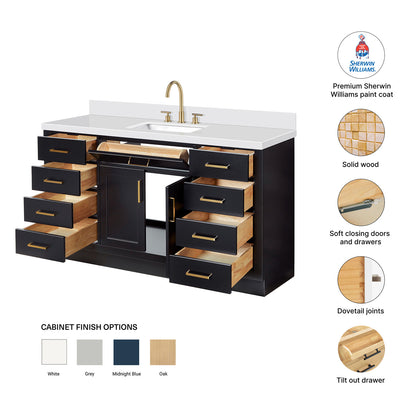 Isabella 60-Inch Black bathroom vanity – feature highlights: solid wood frame, soft-close doors and drawers, Sherwin-Williams paint finish