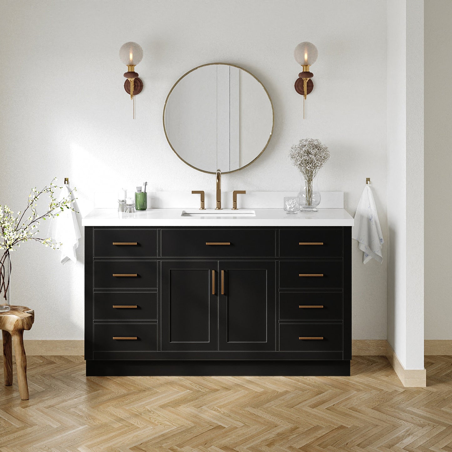 Isabella 60-Inch Black bathroom vanity in styled bathroom setting
