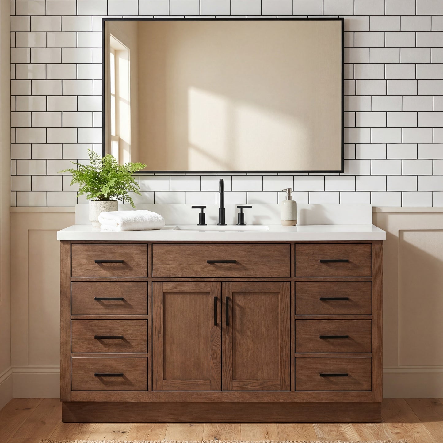 Isabella 60-Inch Brown Oak bathroom vanity in styled bathroom setting
