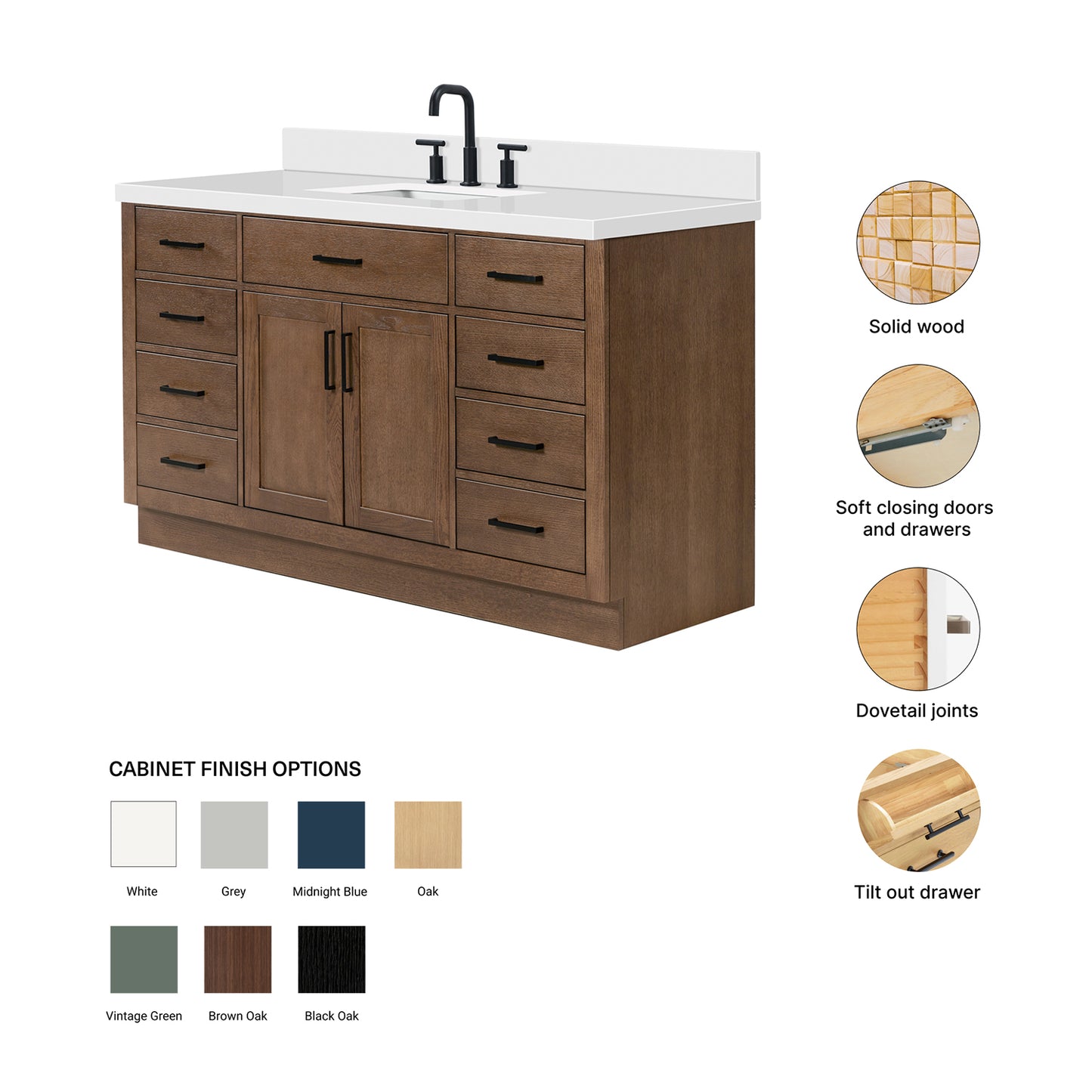 Isabella 60-Inch Brown Oak bathroom vanity – feature highlights: solid wood frame, soft-close doors and drawers, Sherwin-Williams paint finish