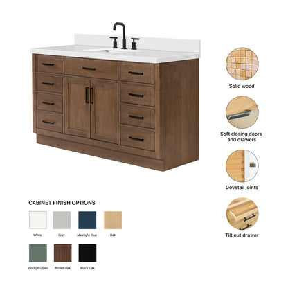 Isabella 60-Inch Brown Oak bathroom vanity – feature highlights: solid wood frame, soft-close doors and drawers, Sherwin-Williams paint finish