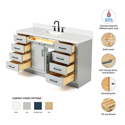 Isabella 60-Inch Grey bathroom vanity – feature highlights: solid wood frame, soft-close doors and drawers, Sherwin-Williams paint finish