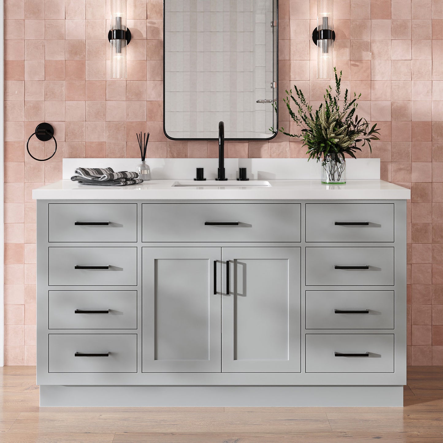 Isabella 60-Inch Grey bathroom vanity in styled bathroom setting