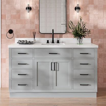 Isabella 60-Inch Grey bathroom vanity in styled bathroom setting