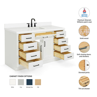 Isabella 60-Inch White bathroom vanity – feature highlights: solid wood frame, soft-close doors and drawers, Sherwin-Williams paint finish