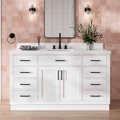 Isabella 60-Inch White bathroom vanity in styled bathroom setting