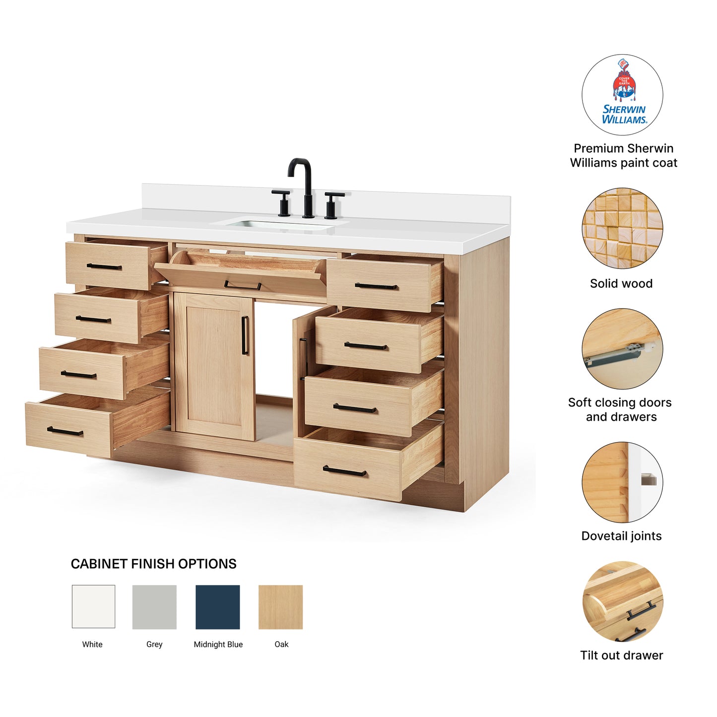 Isabella 60-Inch White Oak bathroom vanity – feature highlights: solid wood frame, soft-close doors and drawers, Sherwin-Williams paint finish