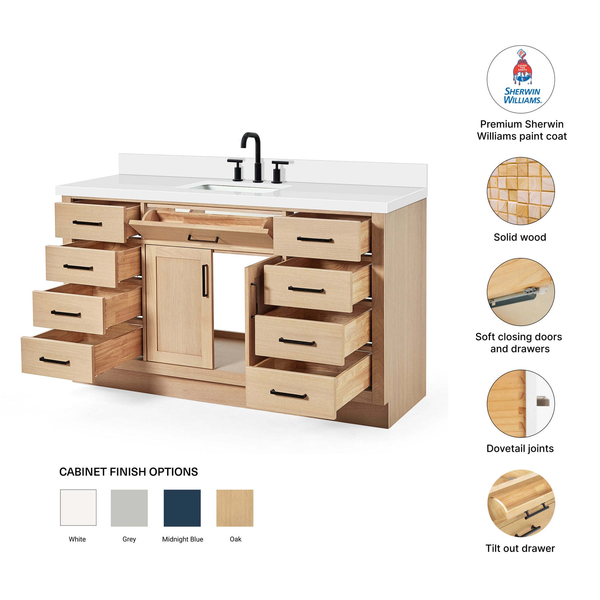 Isabella 60-Inch White Oak bathroom vanity – feature highlights: solid wood frame, soft-close doors and drawers, Sherwin-Williams paint finish