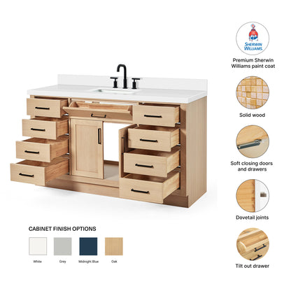 Isabella 60-Inch White Oak bathroom vanity – feature highlights: solid wood frame, soft-close doors and drawers, Sherwin-Williams paint finish