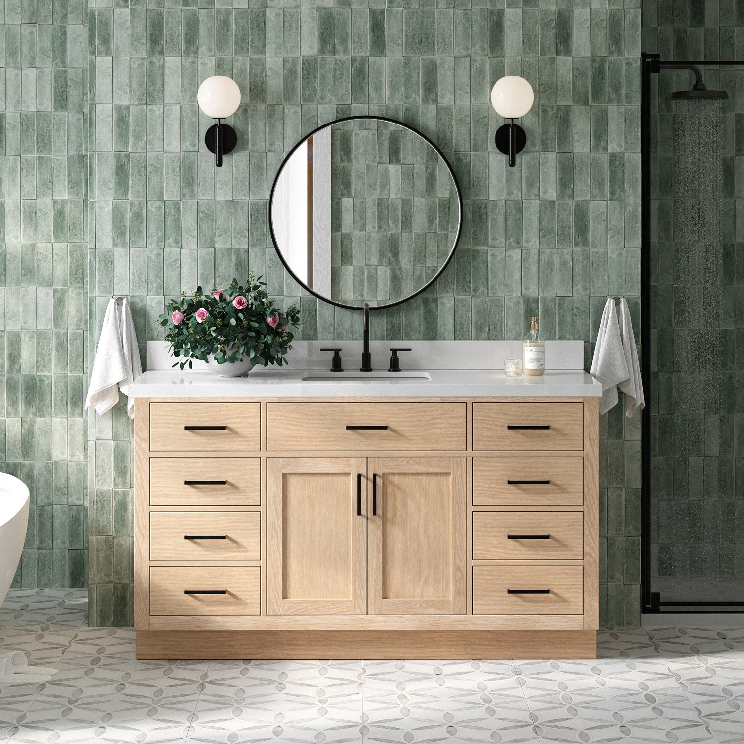 Isabella 60-Inch White Oak bathroom vanity in styled bathroom setting