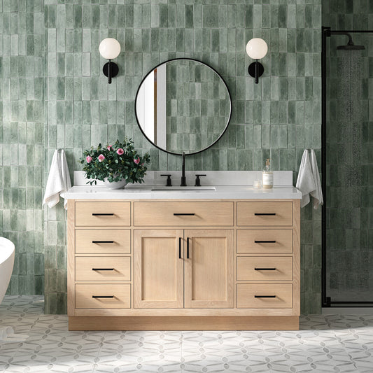 Isabella 60-Inch White Oak bathroom vanity in styled bathroom setting