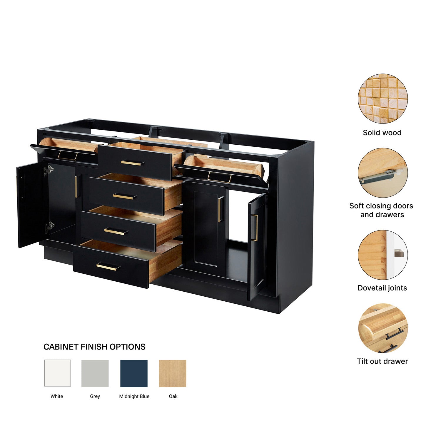 Isabella 66-inch Black base cabinet on feature highlights: solid wood frame, soft-close doors and drawers, Sherwin-Williams paint finish