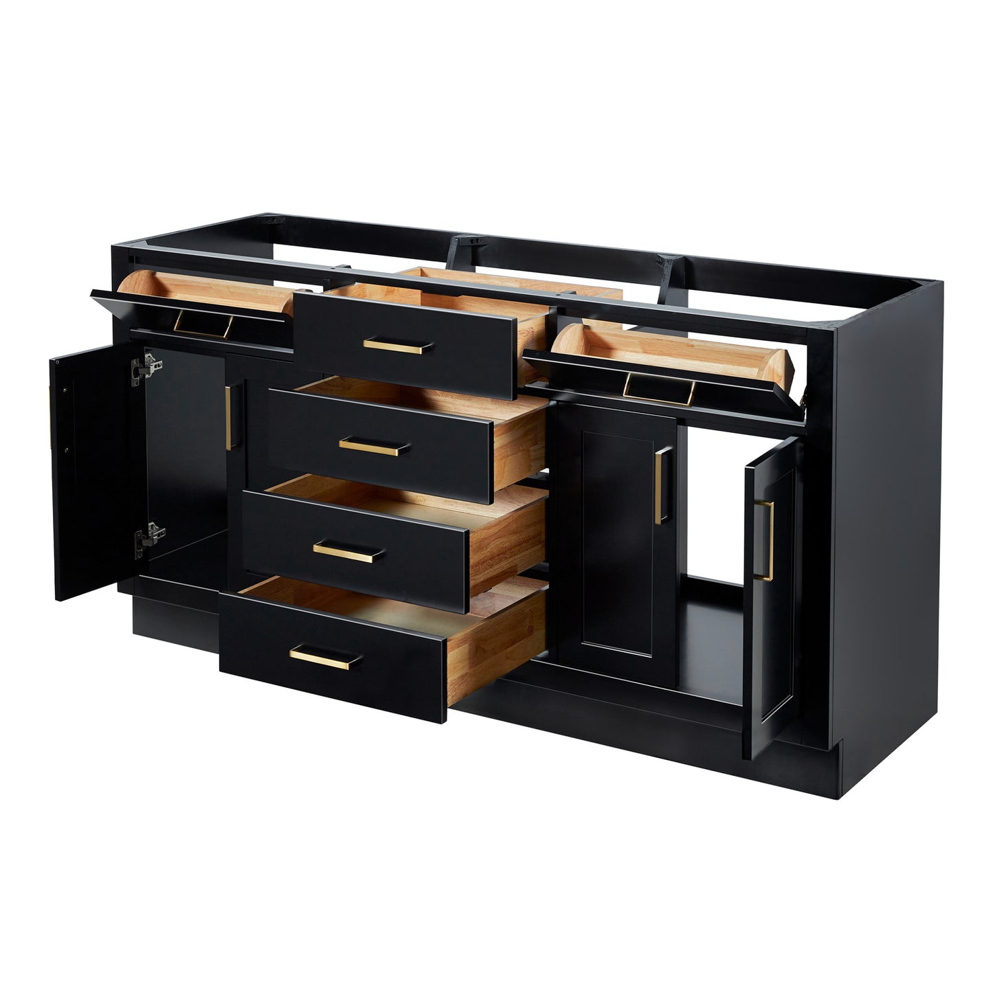 Isabella 66-inch Black base cabinet on white back ground side view open door