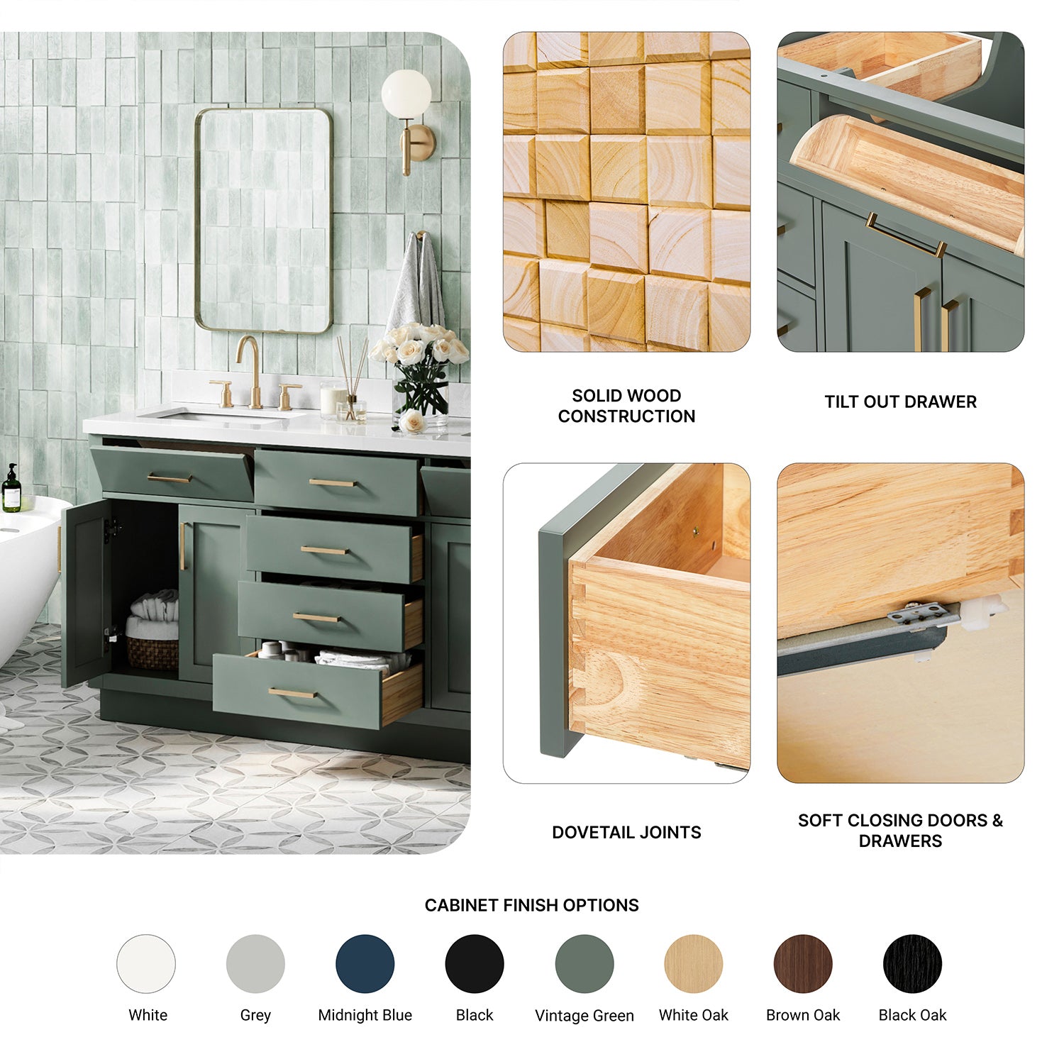 Isabella 66-inch Vintage Green base cabinet on feature highlights: solid wood frame, soft-close doors and drawers, Sherwin-Williams paint finish