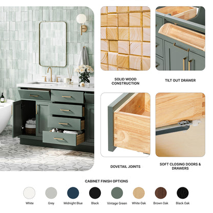 Isabella 66-inch Vintage Green base cabinet on feature highlights: solid wood frame, soft-close doors and drawers, Sherwin-Williams paint finish