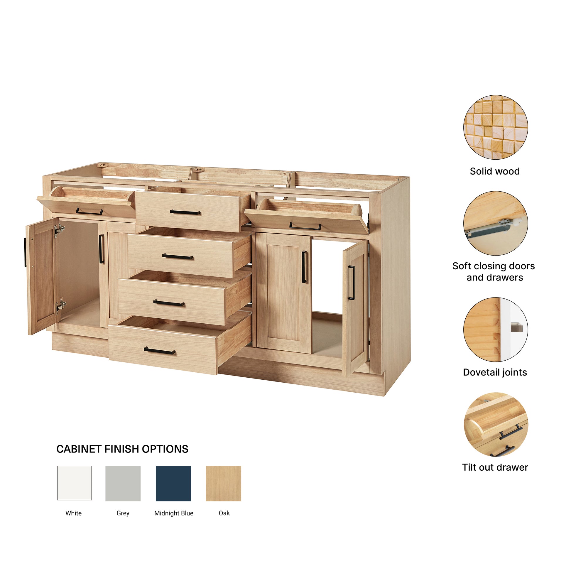 Isabella 66-inch Natural Oak base cabinet on feature highlights: solid wood frame, soft-close doors and drawers, Sherwin-Williams paint finish