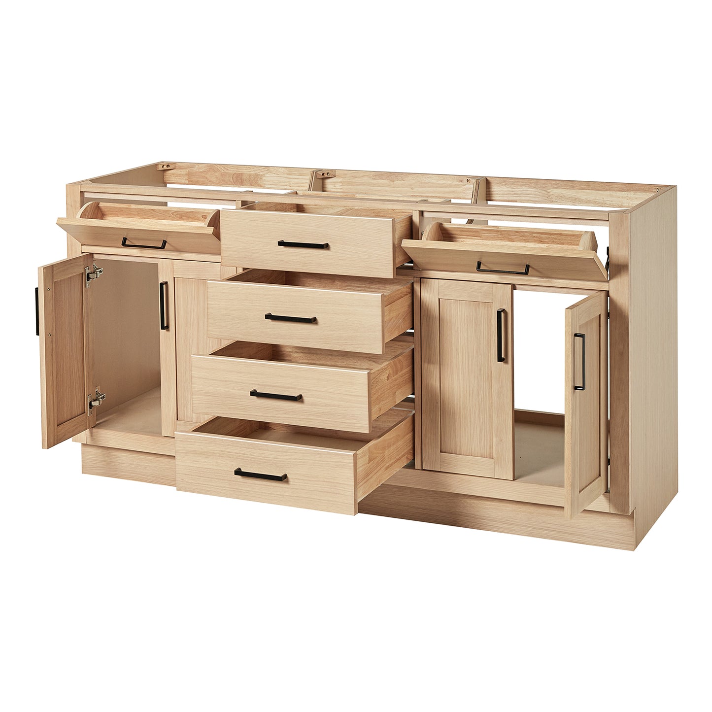 Isabella 66-inch Natural Oak base cabinet on white back ground side view open door