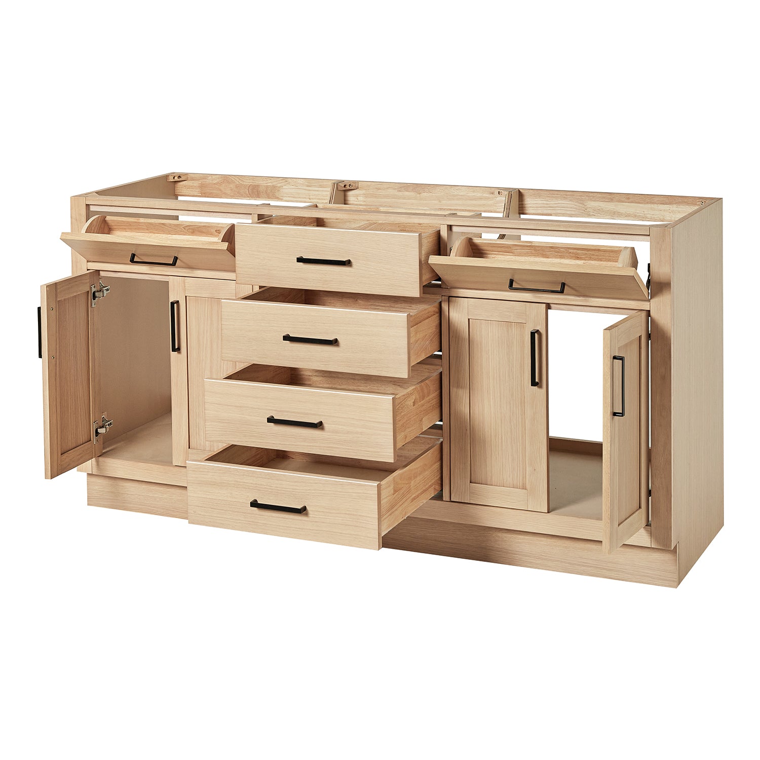 Isabella 66-inch Natural Oak base cabinet on white back ground side view open door