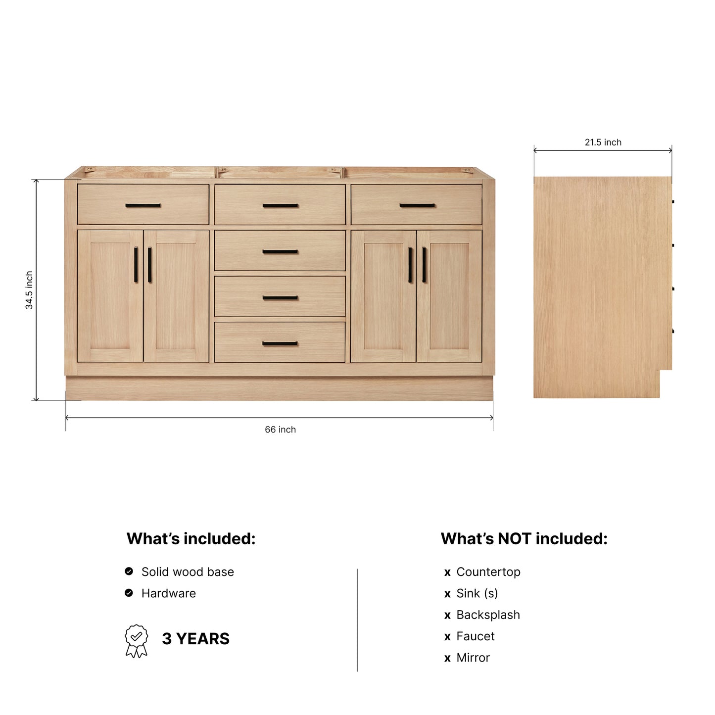 Isabella 66-inch Natural Oak base cabinet on dimensions
