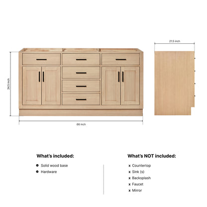 Isabella 66-inch Natural Oak base cabinet on dimensions